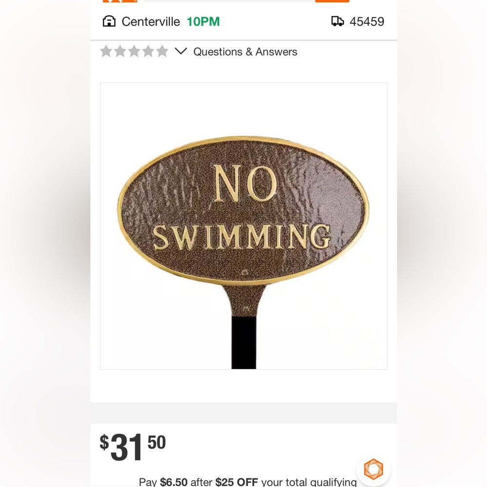 Bronze Oval "NO SWIMMING" Sign